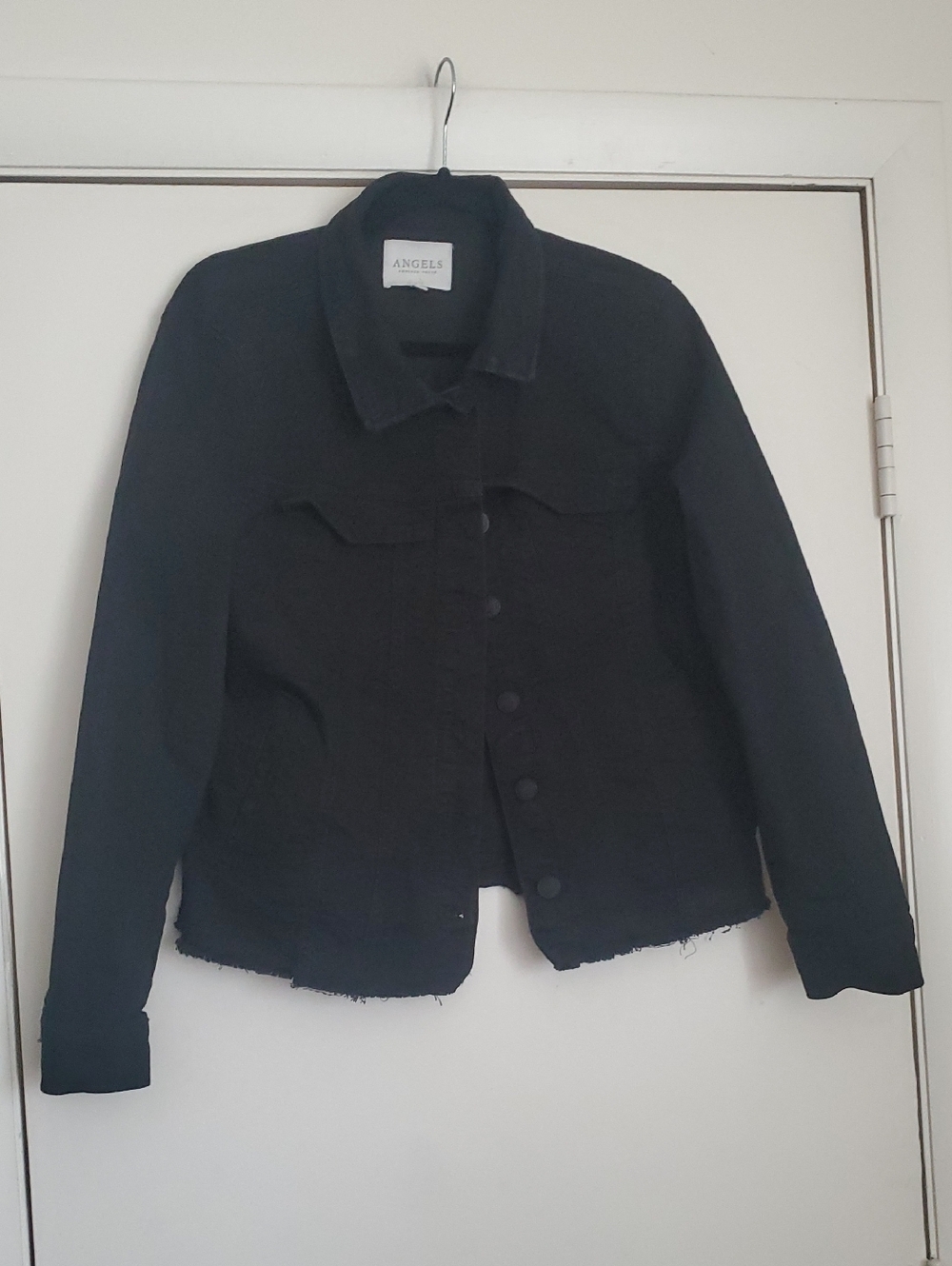 Angels Black Cropped Raw-Hem Denim Jacket